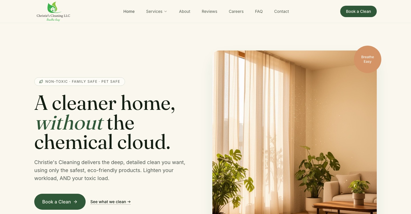 Christie's Cleaning website after: a bold headline, a clear Book a Clean button and a bright photo of a clean living room